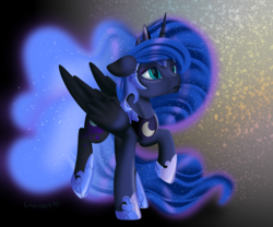 Size: 6000x5000 | Tagged: safe, artist:lavenderheartsmlp, nightmare moon, princess luna, alicorn, pony, g4, abstract background, absurd resolution, armor, conversion, crown, digital art, ethereal mane, ethereal tail, female, fissure, floppy ears, helmet, hoof shoes, jewelry, mare, peytral, regalia, signature, solo, transformation, transition