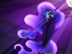 Size: 1024x768 | Tagged: safe, artist:_candypone_, nightmare moon, alicorn, pony, g4, armor, ethereal mane, female, floppy ears, folded wings, glowing, helmet, large wings, looking back, majestic, mare, moon, night, signature, solo, wings