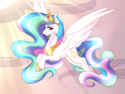 Size: 1024x768 | Tagged: dead source, safe, artist:_candypone_, princess celestia, alicorn, pony, g4, crown, ethereal mane, flying, glowing, jewelry, looking at you, regalia, side view, spread wings, wings