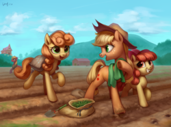 Size: 2347x1745 | Tagged: safe, artist:luciferamon, apple bloom, applejack, big macintosh, carrot top, golden harvest, earth pony, pony, g4, adorabloom, apple sisters, bow, cloud, cowboy hat, cute, cutie top, dirty, female, field, filly, freckles, gardening, grin, group, hair bow, happy, hat, high res, jackabetes, looking back, male, mare, mouth hold, open mouth, planting, quartet, raised hoof, running, siblings, sisters, sky, smiling, squee, stallion, stetson, sweet apple acres, towel, trio focus, trowel, underhoof