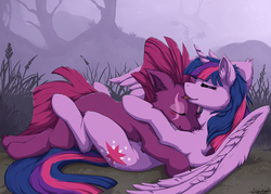 Size: 1280x914 | Tagged: safe, alternate version, artist:blackkaries, fizzlepop berrytwist, tempest shadow, twilight sparkle, alicorn, pony, unicorn, g4, my little pony: the movie, chest fluff, couple, cuddling, cute, duo, duo female, ear fluff, eye scar, eyes closed, eyeshadow, facial scar, female, fluffy, forest, grass, horn, hug, leg fluff, lesbian, licking, lidded eyes, lying, lying down, makeup, mare, mist, nap, nature, nuzzling, on back, on top, outdoors, relaxed, scar, ship:tempestlight, shipping, side view, sleeping, smiling, snuggling, spread wings, tempestbetes, tongue out, tree, twiabetes, twilight sparkle (alicorn), updated, wing fluff, wings