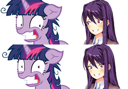 Size: 782x546 | Tagged: safe, artist:richhap, edit, twilight sparkle, human, pony, unicorn, g4, lesson zero, clothes, crazy eyes, doki doki literature club!, looking at each other, looking at you, oh no, run, school uniform, simple background, spoilers for another series, this will end in snu snu and/or death, this will end in tears and/or death, twilight snapple, xk-class end-of-the-world scenario, yandere, yanderelight sparkle, yuri (ddlc)