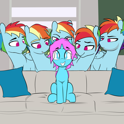 Size: 7340x7340 | Tagged: safe, artist:shinodage, edit, edited edit, editor:deserter, rainbow dash, oc, oc:chroma wave, alicorn, bat pony, bat pony alicorn, pegasus, pony, g4, absurd resolution, alternate hairstyle, beard, blitzabetes, couch, cute, dashstorm, empty eyes, eyebrows, eyes on the prize, facial hair, femboy, grin, lidded eyes, looking at you, male, meme, multeity, pillow, piper perri surrounded, rainbow blitz, rule 63, rule63betes, shipping, smiling, spread wings, squee, stallion, straight, stubble, wings