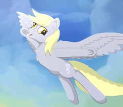 Size: 2479x2151 | Tagged: safe, artist:fortes-feather, derpy hooves, pony, g4, female, flying, happy, high res, sky, solo, spread wings, underhoof, wings