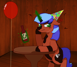 Size: 2453x2153 | Tagged: safe, artist:fortes-feather, oc, oc only, oc:salty sparkle, pony, alcohol, balloon, beer, beer bottle, cross-popping veins, grumpy, happy birthday, hat, high res, party hat, solo