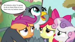 Size: 1280x720 | Tagged: safe, edit, edited screencap, screencap, apple bloom, gabby, scootaloo, sweetie belle, earth pony, griffon, pegasus, pony, unicorn, g4, the fault in our cutie marks, bow, cute, cutie mark crusaders, female, filly, food chain, gabbybetes, hair bow, lesbian, predator, prey