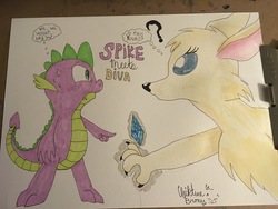 Size: 4032x3024 | Tagged: safe, artist:chiptunebrony, spike, oc, oc:diva angelique, g4, copic, faic, frightened, gem, irl, looking at each other, magic, painting, photo, qinnisian, question mark, sweat, telekinesis, text, the symnatrix chronicles, thought bubble, traditional art, written