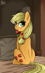 Size: 1772x2835 | Tagged: safe, artist:php97, applejack, earth pony, pony, g4, apple, bed, collar, ear fluff, female, food, looking at you, looking back, looking back at you, mouth hold, pet tag, pony pet, solo