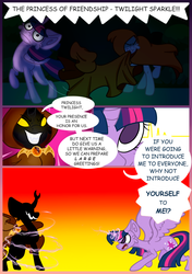 Size: 750x1066 | Tagged: safe, artist:somberjade, twilight sparkle, alicorn, pony, comic:curse and madness, g4, ambiguous gender, cloak, clothes, comic, fangs, female, hooded cape, jewelry, magic, mare, mlpcam, necklace, text bubbles, toothy grin, twilight sparkle (alicorn)