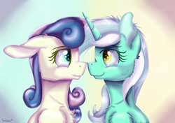 Size: 2764x1944 | Tagged: safe, artist:sintakhra, bon bon, lyra heartstrings, sweetie drops, earth pony, pony, unicorn, g4, adorabon, boop, chest fluff, cute, eye contact, female, gradient background, lesbian, looking at each other, lyrabetes, mare, nose to nose, ship:lyrabon, shipping, smiling
