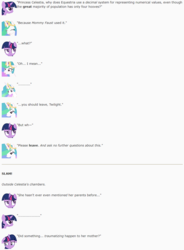 Size: 854x1162 | Tagged: safe, artist:dziadek1990, princess celestia, twilight sparkle, g4, conspiracy, conversation, decimal numeral system, emote story, emotes, female, fourth wall, hooves, lauren faust, math, mother and daughter, reddit, slice of life, text