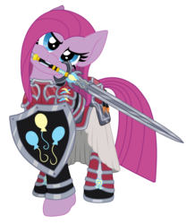 Size: 2314x2781 | Tagged: safe, artist:applewoodart, pinkie pie, earth pony, pony, g4, armor, female, high res, mouth hold, pinkamena diane pie, shield, simple background, solo, sword, transparent background, weapon