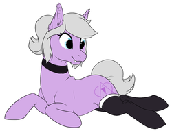 Size: 685x531 | Tagged: safe, artist:mythpony, oc, oc only, oc:shiina sae, earth pony, pony, clothes, fangs, female, mare, prone, simple background, socks, solo, white background