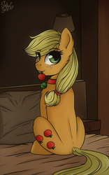 Size: 1772x2835 | Tagged: safe, artist:php97, applejack, pony, g4, apple, bed, collar, ear fluff, female, food, looking at you, looking back, looking back at you, mouth hold, pet tag, pony pet, remake, solo