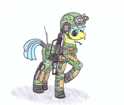 Size: 1024x874 | Tagged: safe, artist:zocidem, oc, pony, female, g36, mare, military, military pony, simple background, traditional art, weapon, white background