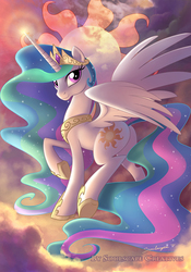 Size: 595x850 | Tagged: safe, artist:soulscapecreatives, princess celestia, alicorn, pony, g4, beautiful, butt, cloud, cloudy, crown, cutie mark, ethereal mane, female, glowing, jewelry, looking at you, looking back, majestic, mare, plot, pose, raised hoof, regalia, side view, signature, sky, solo, spread wings, wings