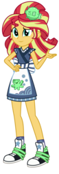Size: 1500x4378 | Tagged: safe, artist:sketchmcreations, sunset shimmer, eqg summertime shorts, equestria girls, g4, good vibes, apron, clothes, commission, converse, hand on hip, happi, raised arm, shoes, simple background, smiling, sneakers, solo, sunset sushi, transparent background, uniform, vector