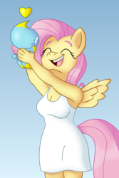 Size: 3495x5243 | Tagged: safe, artist:sergeant16bit, fluttershy, chao, anthro, g4, breasts, clothes, crossover, cute, dress, shyabetes, sonic the hedgehog (series)