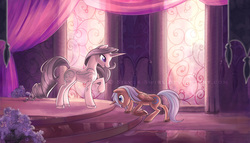 Size: 1100x629 | Tagged: safe, artist:soulscapecreatives, oc, oc only, oc:silver swirl, oc:soulscape, pegasus, pony, unicorn, bowing, castle, couple, female, prone, raised hoof, royalty, solo, stained glass, tattoo, throne room