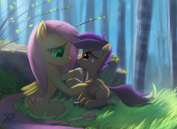 Size: 1368x1003 | Tagged: safe, artist:grissaecrim, fluttershy, scootaloo, pegasus, pony, g4, bandage, blank flank, cute, cutealoo, dressing, duo, duo female, female, filly, fluttermom, foal, folded wings, forest, grass, helping, injured, looking at each other, looking at someone, mare, nature, outdoors, scootalove, shyabetes, sitting, smiling, tree, wings