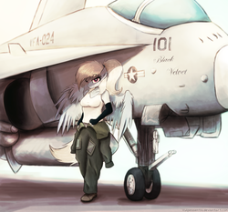 Size: 2535x2366 | Tagged: safe, artist:vulpessentia, oc, oc only, oc:cirrus skybreaker, pegasus, anthro, clothes, coveralls, f/a-18 hornet, female, high res, jet, jet fighter, looking at you, outfit, overalls, pilot, plane, shirt, shoes, smiling, smirk, solo, spread wings, standing, suit, t-shirt, unbuttoned, weapon, wings