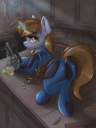 Size: 7620x10160 | Tagged: safe, artist:ardail, oc, oc only, oc:littlepip, pony, unicorn, fallout equestria, absurd resolution, blushing, bodysuit, butt, clothes, dock, fanfic, fanfic art, female, glowing horn, gun, handgun, hooves, horn, jumpsuit, levitation, little macintosh, looking at you, lying down, magic, mare, optical sight, outfit, pipbuck, pipbutt, plot, revolver, solo, stupid sexy littlepip, suit, telekinesis, tight clothing, tongue out, underhoof, vault suit, weapon