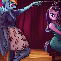 Size: 3191x3199 | Tagged: safe, artist:threewontoo, part of a set, rainbow dash, starlight glimmer, pegasus, unicorn, anthro, g4, alcohol, breasts, cleavage, clothes, dress, duo, female, high res, looking at each other, rainbow dash always dresses in style, sitting