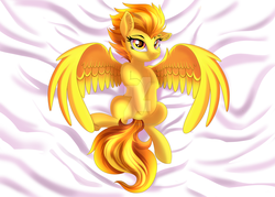 Size: 1600x1143 | Tagged: safe, artist:ask-colorsound, spitfire, pegasus, pony, g4, bed, bedding, bedroom eyes, commission, ear fluff, female, looking at you, obtrusive watermark, smiling, solo, spread legs, spread wings, spreading, watermark, wings