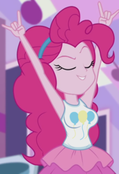 Size: 876x1280 | Tagged: safe, edit, edited screencap, editor:ah96, part of a set, screencap, pinkie pie, human, constructive criticism, equestria girls, equestria girls series, g4, armpits, big breasts, breast edit, breasts, busty pinkie pie, cropped, devil horn (gesture), eyes closed, female, solo