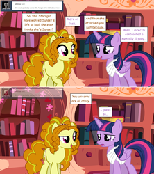 Size: 1280x1444 | Tagged: safe, artist:hakunohamikage, adagio dazzle, twilight sparkle, alicorn, earth pony, pony, ask-princesssparkle, g4, ask, bandage, comic sans, earth pony adagio dazzle, equestria girls ponified, golden oaks library, ponified, tumblr, twilight sparkle (alicorn)