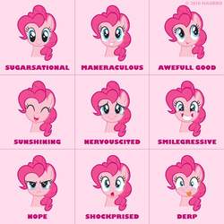 Size: 1080x1080 | Tagged: safe, pinkie pie, earth pony, pony, g4, official, angry, cute, derp, diapinkes, emotions, expressions, eyes closed, facebook, female, happy, mare, nervicited, open mouth, pink, pretty, smiling, solo, teeth, text, tongue out