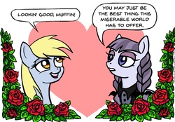 Size: 596x415 | Tagged: safe, artist:gingerfoxy, derpy hooves, inky rose, pegasus, pony, pony couple generator, g4, derpyrose, female, flower, heart, lesbian, rose, shipping