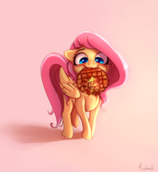 Size: 3200x3500 | Tagged: safe, artist:miokomata, fluttershy, pegasus, pony, blushing, butter, cute, eyes on the prize, female, folded wings, food, freckles, happy, looking at something, looking down, mare, mouth hold, nom, shyabetes, smiling, solo, syrup, waffle, weapons-grade cute