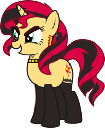Size: 4000x4906 | Tagged: safe, artist:icicle-niceicle-1517, artist:jeatz-axl, edit, sunset shimmer, pony, unicorn, g4, alternate hair color, black socks, choker, clothes, cross of st peter, crucifix, dyed mane, ear piercing, earring, eyeshadow, female, goth, grin, hair dye, inverted cross, jewelry, lipstick, makeup, mare, piercing, simple background, smiling, socks, solo, spiked choker, stockings, tattoo, thigh highs, transparent background