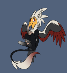 Size: 1175x1280 | Tagged: safe, artist:omegapex, oc, oc only, oc:mahlra, griffon, vulture, vulture griffon, blue background, colored wings, paw pads, red eyes, simple background, solo, tail, tail feathers, talons, toe beans
