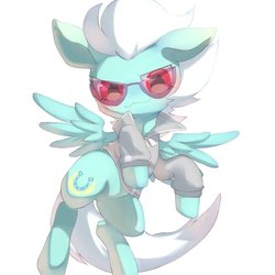 Size: 1024x1024 | Tagged: safe, artist:masa_0006, fleetfoot, pegasus, pony, g4, :3, clothes, jacket, looking at you, simple background, sunglasses, warmup suit, wings