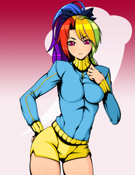 Size: 2550x3300 | Tagged: dead source, safe, artist:reddgeist, rainbow dash, human, g4, alternate hairstyle, clothes, female, gradient background, hand on hip, high res, humanized, looking at you, shorts, solo, sports, sports outfit, sports shorts, tight clothing
