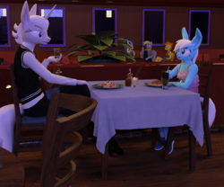 Size: 2400x2000 | Tagged: safe, artist:tahublade7, derpy hooves, sonata dusk, spitfire, zesty gourmand, oc, oc:minolta grandeur, anthro, plantigrade anthro, g4, 3d, adopted offspring, alcohol, big ears, bucktooth, candle, clothes, daz studio, dining table, dress, female, food, high res, parent:photo finish, parents:zestyfinish, pasta, plant, restaurant, shoes, sneakers, soda, spaghetti, table, vest, wine