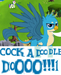 Size: 276x339 | Tagged: safe, artist:horsesplease, gameloft, bon bon, gallus, sweetie drops, griffon, g4, my little pony: friendship is magic, school daze, behaving like a rooster, caption, cock-a-doodle-doo, crowing, expand dong, exploitable meme, flanderization, gallus the rooster, image macro, meme, namesake, pun, silly griffon, wow! glimmer