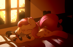 Size: 4120x2664 | Tagged: safe, artist:luxaestas, fluttershy, pegasus, pony, raccoon, g4, animal, bed, commission, cute, eyes closed, female, mare, shyabetes, sleeping, smiling, wingless