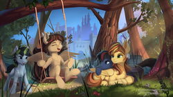 Size: 1920x1080 | Tagged: safe, artist:discordthege, oc, oc only, pegasus, pony, unicorn, castle, castle of the royal pony sisters, commission, digital art, female, group, magic, male, mare, scenery, signature, smiling, stallion, swing, tree, tree branch