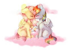 Size: 1024x738 | Tagged: safe, artist:twinkepaint, fluttershy, rainbow dash, pegasus, pony, chest fluff, cloud, eyes closed, female, flutterdash, holding hooves, lesbian, mare, on a cloud, shipping, simple background, sitting, smiling, transparent background, wings