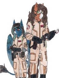 Size: 2522x3282 | Tagged: safe, artist:deathless-master, oc, oc only, oc:pandie, oc:walter nutt, earth pony, pegasus, anthro, anthro oc, clothes, death by coffee, female, ghostbusters, glasses, high res, male, oc x oc, shipping, simple background, straight, traditional art