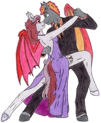 Size: 2399x2929 | Tagged: safe, artist:deathless-master, oc, oc only, oc:savory zest, oc:scarlet quill, bat pony, anthro, unguligrade anthro, bat pony oc, clothes, couple, dancing, dress, duo, fangs, female, gift art, glasses, high res, husband and wife, looking at each other, male, mare, married couple, oc x oc, scarlory, shipping, slit pupils, smiling, stallion, straight, suit, tango