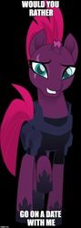 Size: 500x1408 | Tagged: safe, fizzlepop berrytwist, tempest shadow, pony, unicorn, g4, my little pony: the movie, armor, broken horn, bronybait, clothes, cute, eye scar, female, horn, image macro, mare, meme, scar, simple background, smiling