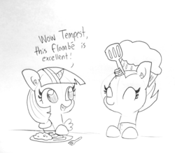 Size: 1651x1440 | Tagged: safe, artist:tjpones, fizzlepop berrytwist, tempest shadow, twilight sparkle, alicorn, pony, unicorn, black and white, broken horn, chef's hat, dialogue, duo, ear fluff, eye scar, eyes closed, female, grayscale, hat, lineart, mare, monochrome, scar, spatula, tempest gets her horn back, traditional art, twilight sparkle (alicorn)