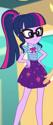 Size: 244x574 | Tagged: safe, screencap, sci-twi, twilight sparkle, equestria girls, equestria girls specials, g4, my little pony equestria girls: better together, my little pony equestria girls: rollercoaster of friendship, clothes, cropped, female, geode of telekinesis, glasses, ponytail, skirt, smiling, solo focus