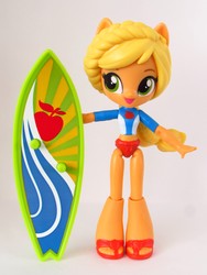 Size: 1410x1880 | Tagged: safe, artist:whatthehell!?, applejack, equestria girls, g4, my little pony equestria girls: better together, clothes, doll, equestria girls minis, female, irl, photo, ponied up, sandals, solo, surfboard, swimsuit, toy