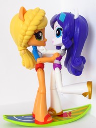 Size: 1410x1880 | Tagged: safe, artist:whatthehell!?, applejack, rarity, equestria girls, g4, bikini, clothes, cute, doll, equestria girls minis, female, irl, lesbian, photo, ponied up, sandals, ship:rarijack, shipping, surfboard, swimsuit, toy