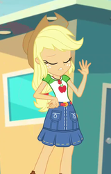 Size: 455x709 | Tagged: safe, screencap, applejack, equestria girls, equestria girls specials, g4, my little pony equestria girls: better together, my little pony equestria girls: rollercoaster of friendship, applejack's shirt with a collar, belt, clothes, collar, collar shirt, cowboy hat, cropped, denim skirt, eyes closed, female, freckles, geode of super strength, hair, hand on hip, hat, ponytail, shirt, shirt with a collar, skirt, solo, stetson, t-shirt, teenager